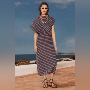 brown leather dress strapless ZARAH MAXI DRESS- BROWN STRIPE Striped One Shoulder Maxi Dress